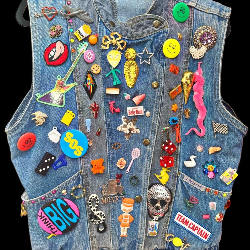 Vintage Jordache Denim Vest OOAK with Brooches, Pins, and Toys - Picture 3 of 8